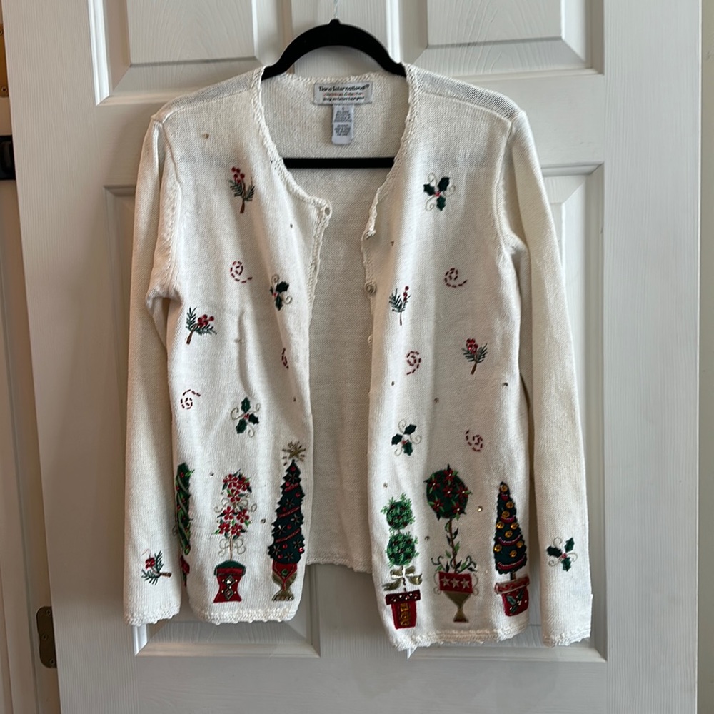 Tiara Cream Holiday Embroidered Cardigan with Green & Red Accents